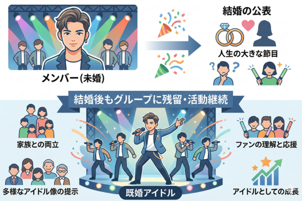 結婚しても男性アイドルグループに残ったメンバーというイメージ図解画像