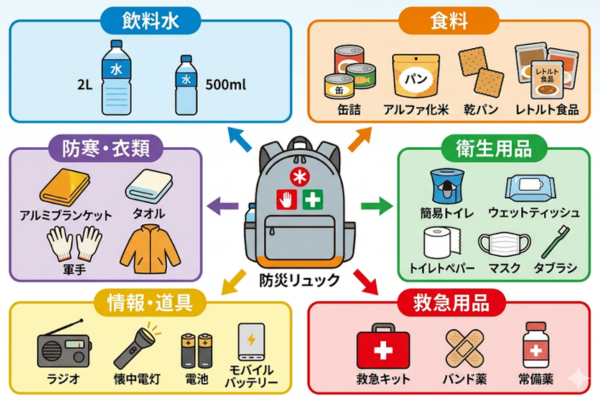 非常食や防災備蓄品のイメージ図解画像